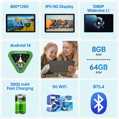 Tablet 10.1" Android Tablet, Octa-Core Processor, 10GB RAM+128GB ROM 1TB Expandable, Widevine L1 1280x800 IPS HD Touchscreen, 5MP+8MP Dual Camera Face Unlock, 5000mAh Battery WiFi 6 BT5.3,Gray