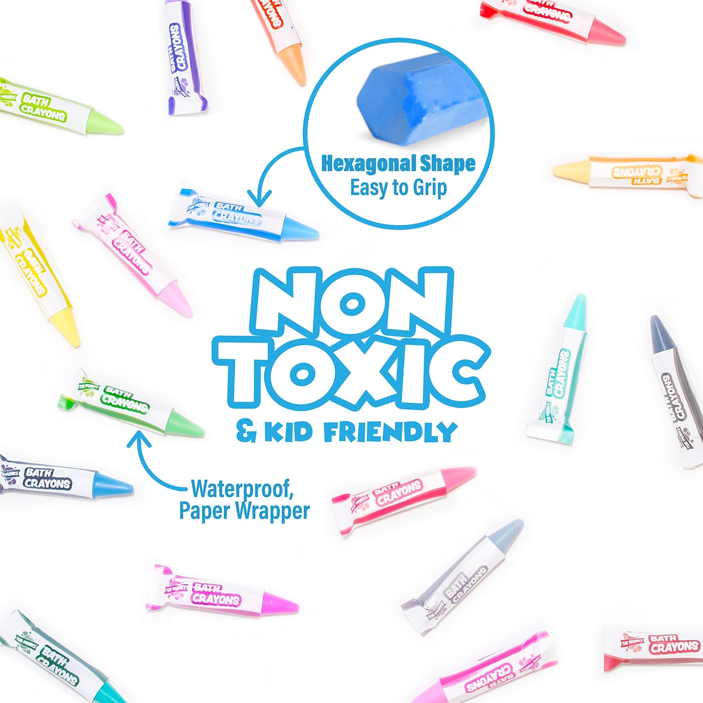 Tub Works® Smooth™ Bath Crayons Bath Toy, 12 Pack | Nontoxic, Washable Bath Crayons for Toddlers & Kids | Unique Formula Draws Smoothly & Vividly on Wet & Dry Tub Walls | Hexagon Grip Bathtub Crayons