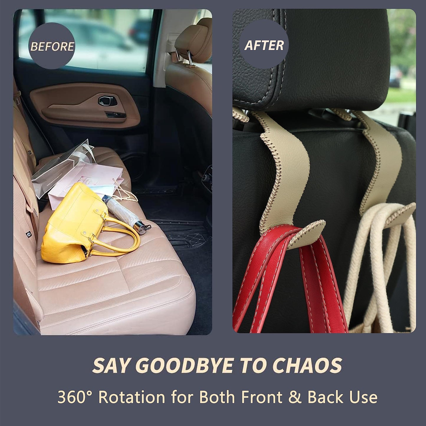 Amooca 4-Pack Car Headrest Hooks Vehicle Storage Organizer for Purses Handbags Groceries Backpack Coats –Holds 55lbs 360° Rotating Black
