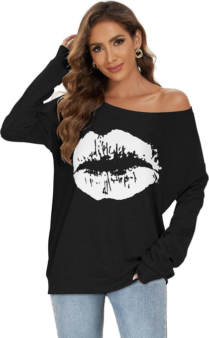 Womens Off The Shoulder Tops Long Sleeve Pullover Sweatshirt Sweater Causal Loose Blouse Tunic Shirt