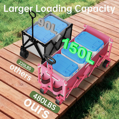 Extra Long Collapsible Wagon Cart, 480LBS Heavy Duty Utility Wagons with All-Terrain Wheels, Foldable Grocery Carts for Gardening, Shopping, Beach, Camping, Black