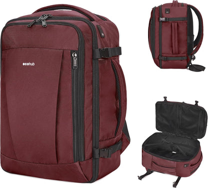 ECOHUB 16'' Reise-Rucksack Handgepäck Unterseat-Rucksack Persönlicher Gegenstand Flugzeug-Reisetasche mit 13 Taschen Handgepäck Flaschenhalter USB-Ladeanschluss Casual Daypack für Frauen Männer Schwarz