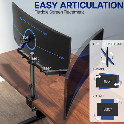 VIVO Dual-Monitor Tischhalterung, für 2 Bildschirme bis zu 30 Zoll und je 10 kg, Hochleistungs-Stahlständer voll verstellbar mit Klemme und Tülle, Schwarz, STAND-V002
