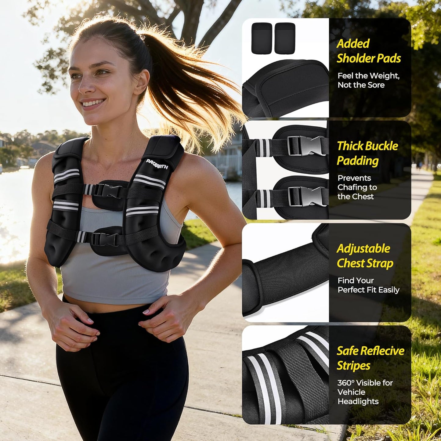 PACEARTH Gewichtsweste, 2,7 kg/4,5 kg/5,4 kg/7,2 kg/11,3 kg/13,6 kg Gewichtsweste mit reflektierendem Streifen, verstellbare Gewichtsweste für Männer und Frauen Training, Krafttraining, Laufen, Gehen, Joggen