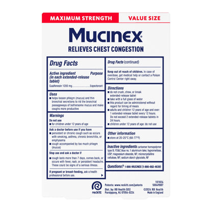 Mucinex Maximum Strength 12 Hour Chest Congestion Expectorant Relief Tablets, 1200 mg, 28 Count, Thins & Loosens Mucus (Pack of 3)