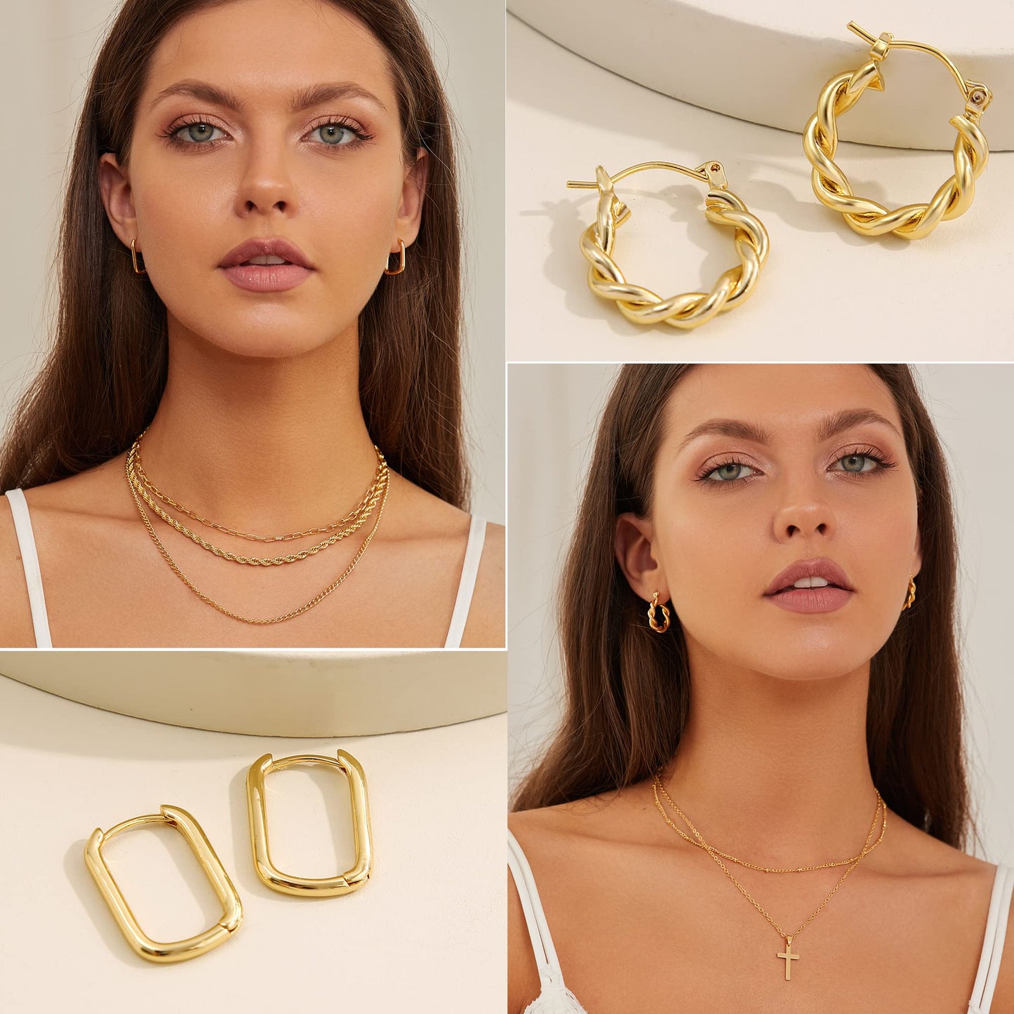 Creolen Set für Damen, 6 Paar 14K Vergoldet Leicht Hypoallergen Dick Offen Gedreht Creolen Ohrringe Pack Schmuck