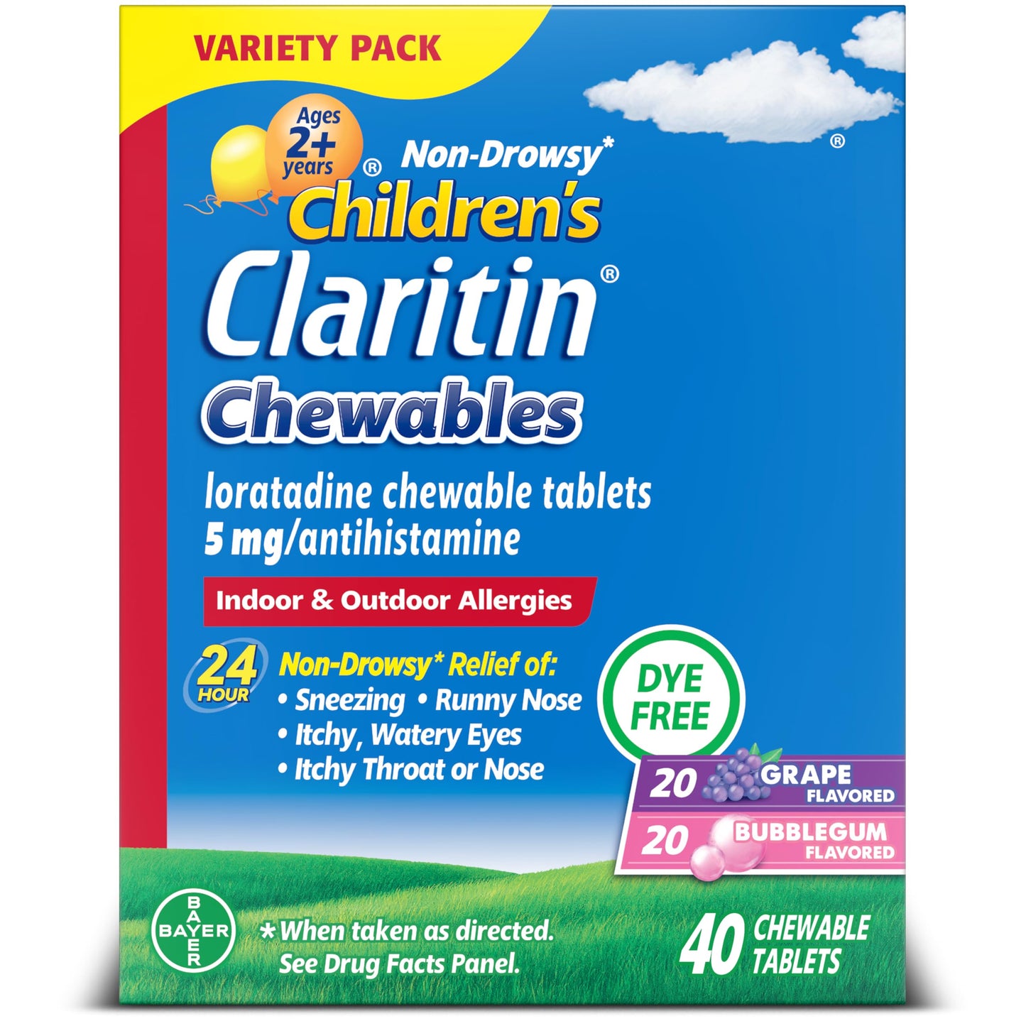 Claritin Children's Allergy Medicine, 24-Hour Non-Drowsy Loratadine 5mg Chewable Tablet, Antihistamine for Kids Ages 2 Years and Older, Grape & Bubble Gum Flavors, 40 Tablets, (Pack of 2)