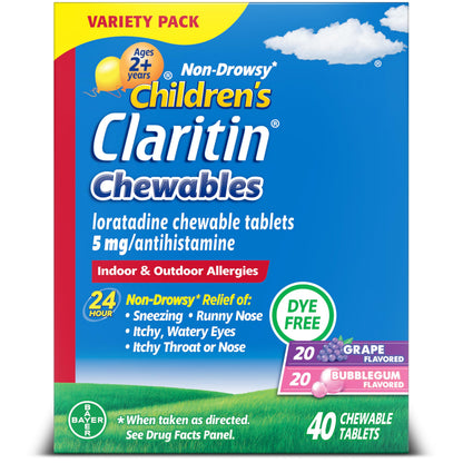 Claritin Children's Allergy Medicine, 24-Hour Non-Drowsy Loratadine 5mg Chewable Tablet, Antihistamine for Kids Ages 2 Years and Older, Grape & Bubble Gum Flavors, 40 Tablets, (Pack of 2)