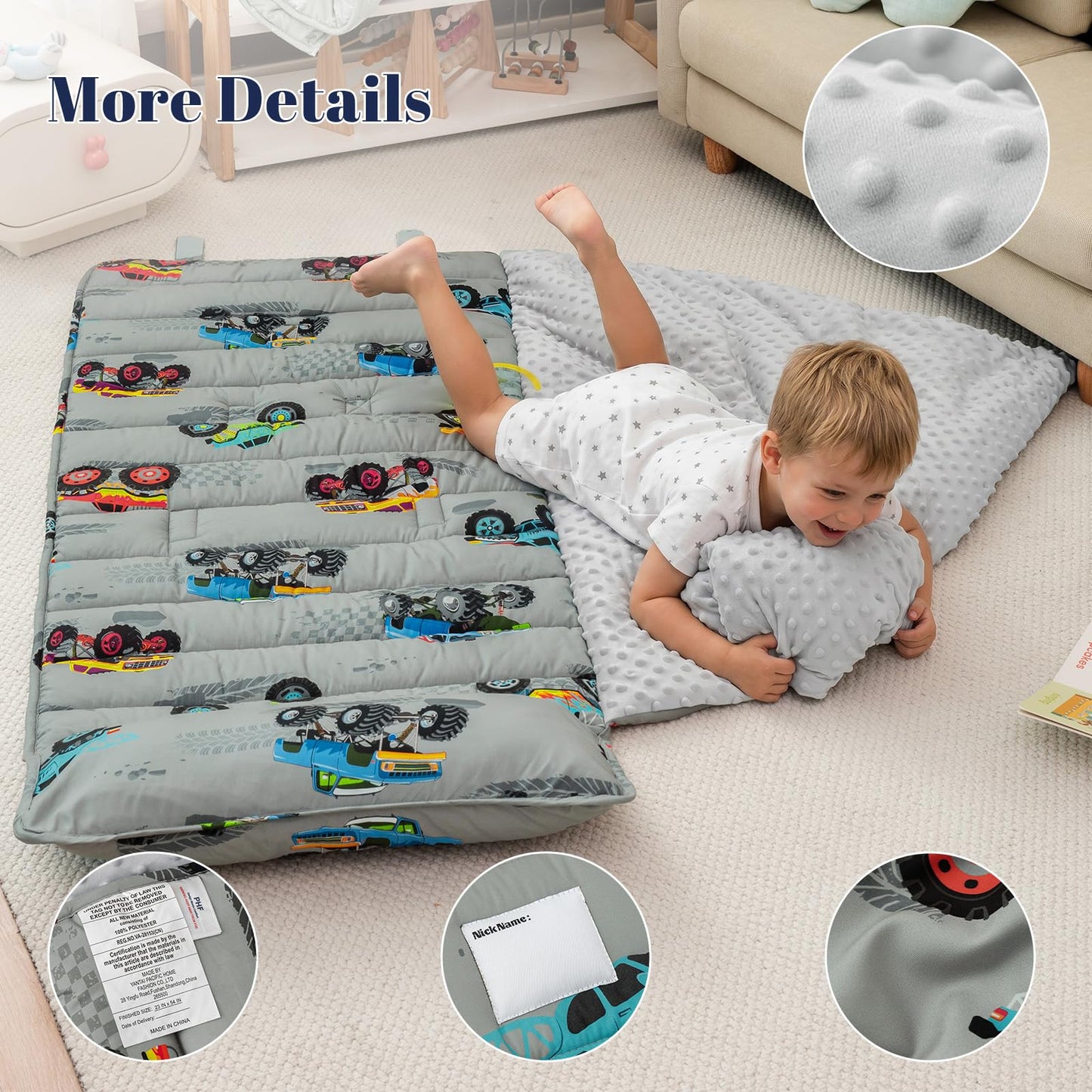 PHF Toddler Nap Mat with Removable Pillow and Minky Blanket, Rollup Design Kids Sleeping Mat, Slumber Bags for Boys, 55"x23" Toddler Sleeping Bag for Daycare Preschool Travel Camping, Space