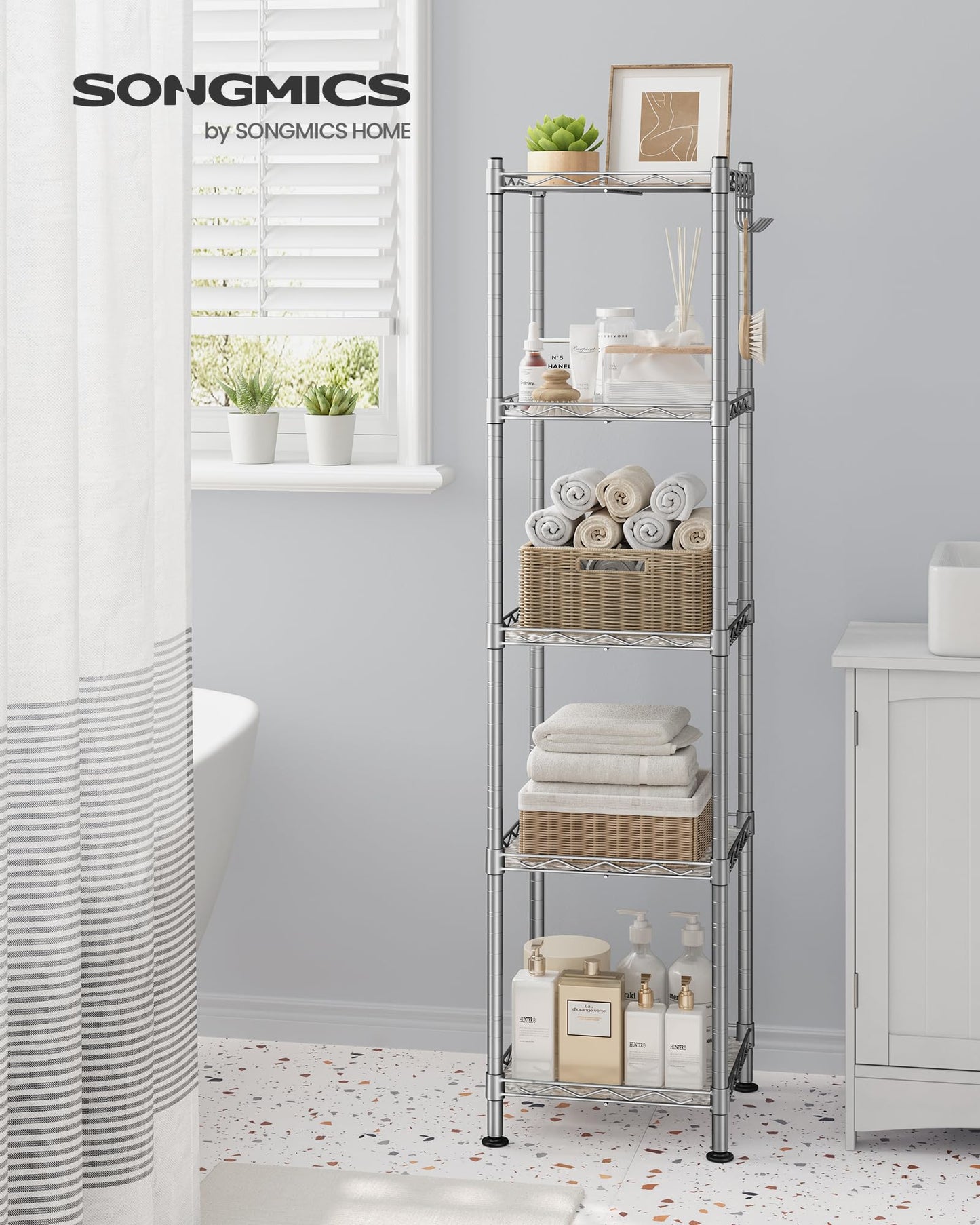 SONGMICS Storage Shelf, Small Metal Wire Shelving Unit, Adjustable Shelves, for Small Spaces, Garage, Bedroom, Living Room, Kitchen, Pantry, 5 Tier, 11.8 x 11.8 x 47.6 Inches, Ink Black ULGR123BH01