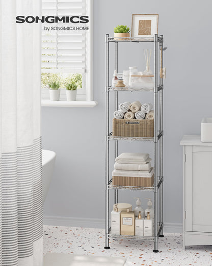 SONGMICS Storage Shelf, Small Metal Wire Shelving Unit, Adjustable Shelves, for Small Spaces, Garage, Bedroom, Living Room, Kitchen, Pantry, 5 Tier, 11.8 x 11.8 x 47.6 Inches, Ink Black ULGR123BH01