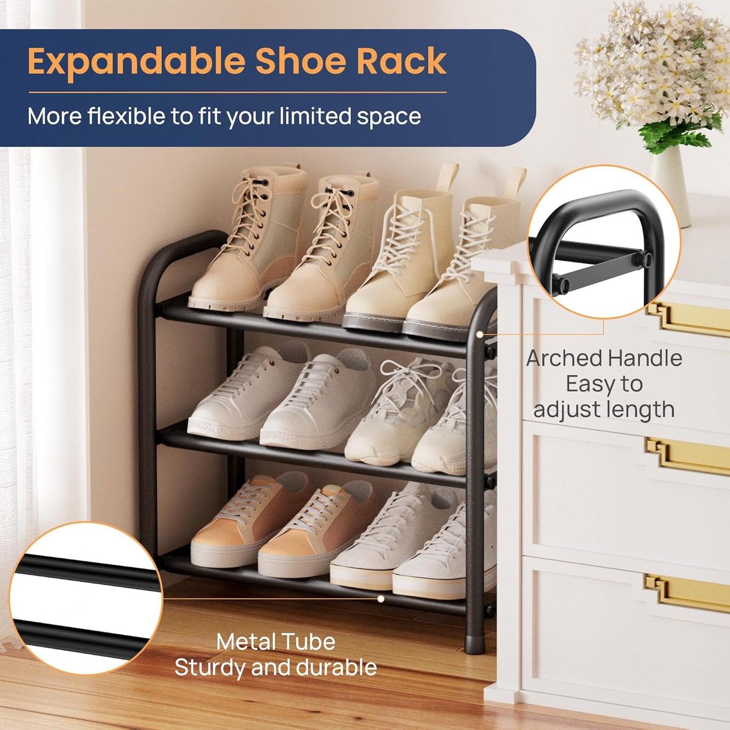 ENJOYBASICS Erweiterbare Schuhregale aus Metall für den Kleiderschrank, 3-stöckiges verstellbares Schuh-Organizer-Regal, schwarz, freistehendes Schuhregal für den Eingangsbereich