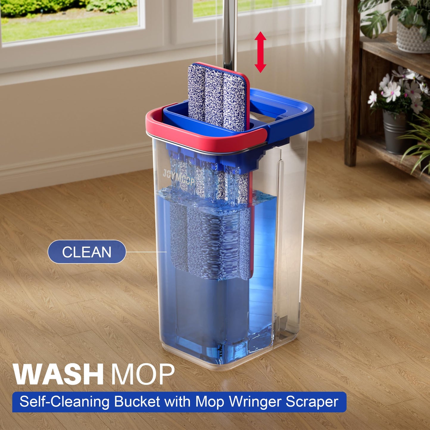 JOYMOOP Wischmopp und Eimer mit Auswringsystem, Freihand-Flachmopp und Eimer, mit 3 waschbaren Mikrofaserpads, Nass- und Trockengebrauch, Bodenreinigungssystem