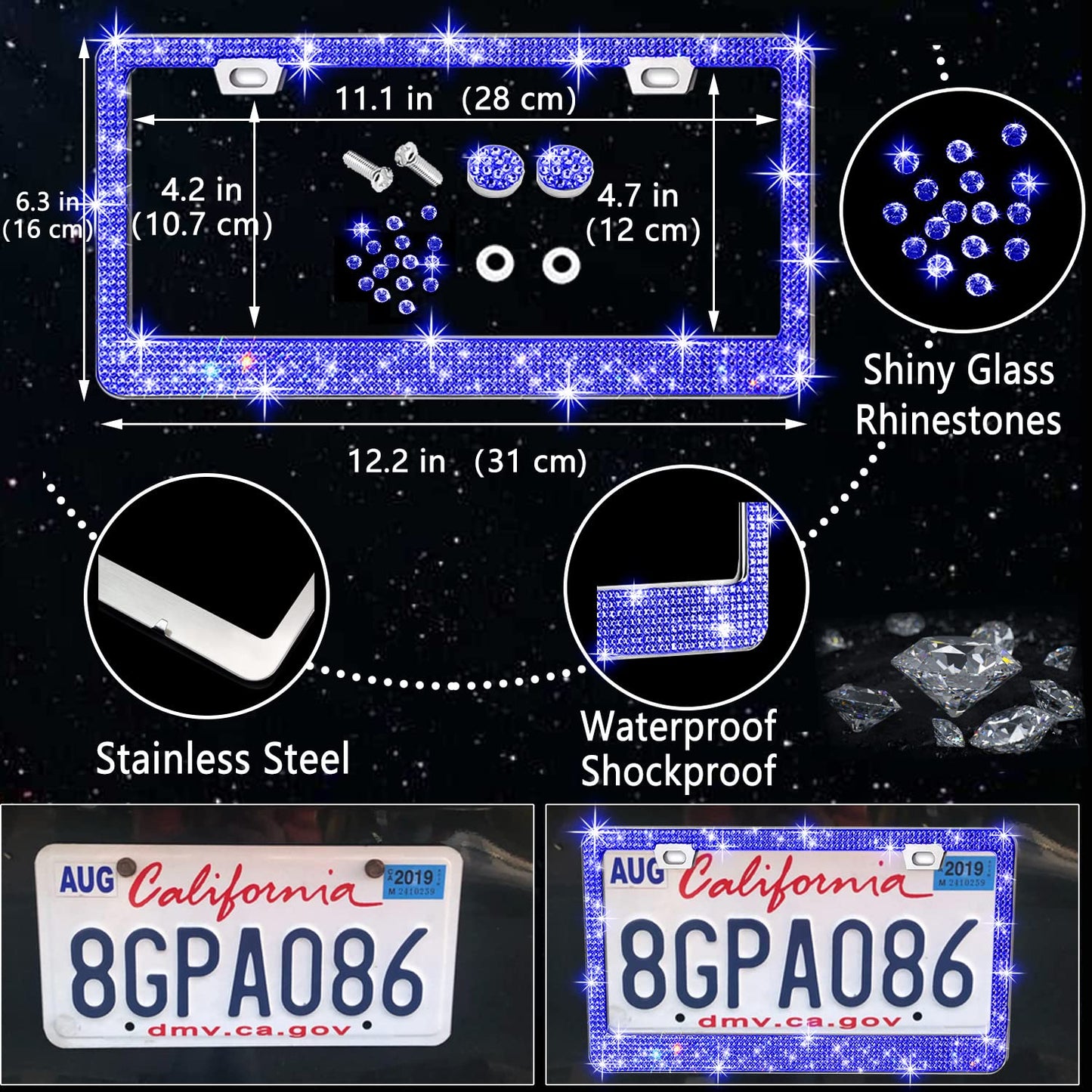 NBTEPEM 27-Piece Bling Car Accessories Set - Universal Fit Steering Wheel Covers, License Plate Frames, Phone Holder, Car Fast Charger, Coasters (Pink)