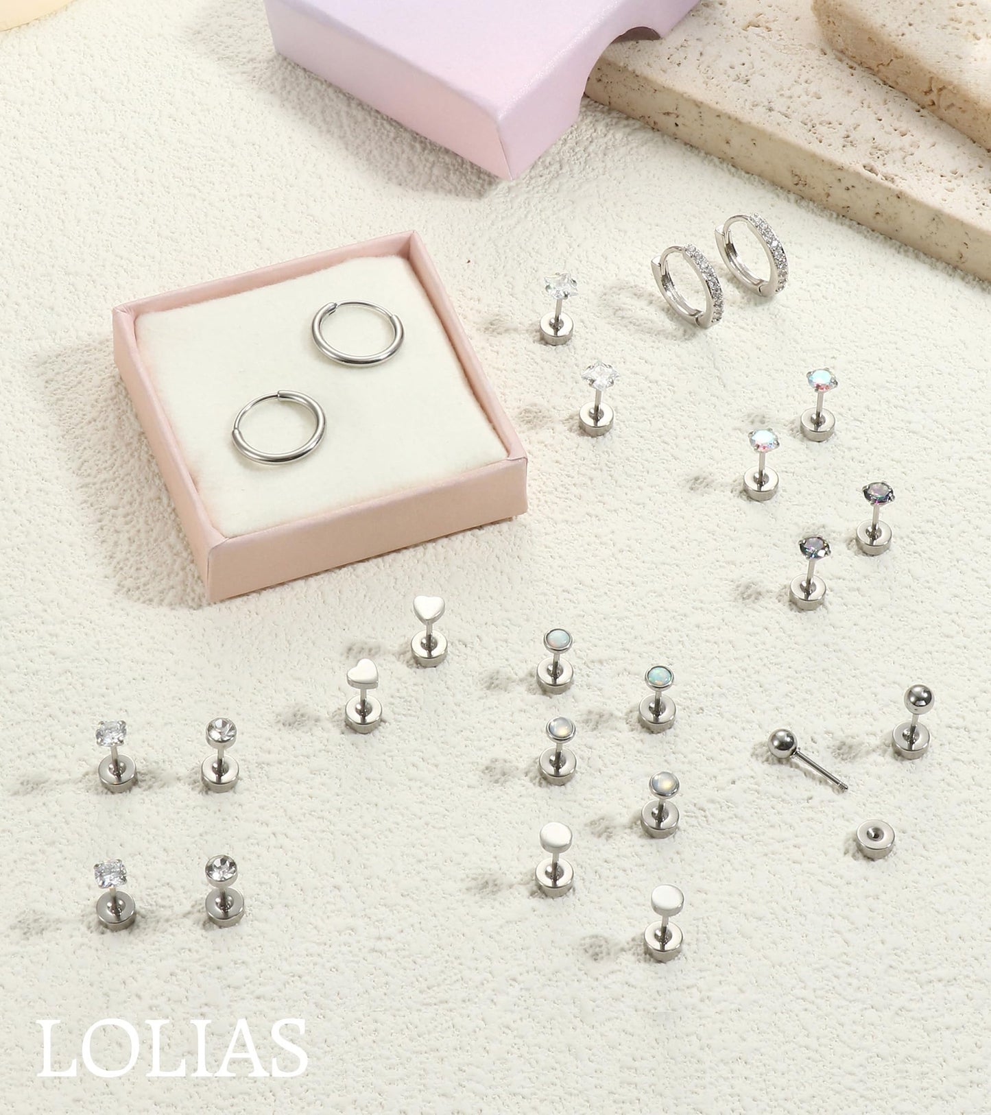 LOLIAS Hypoallergenic Flat Back Earrings for Women-Surgical Steel Earrings for Sensitive Ears 20G Stainless Steel Earring Stacks Small Flatback Stud Hoop Cartilage Earring