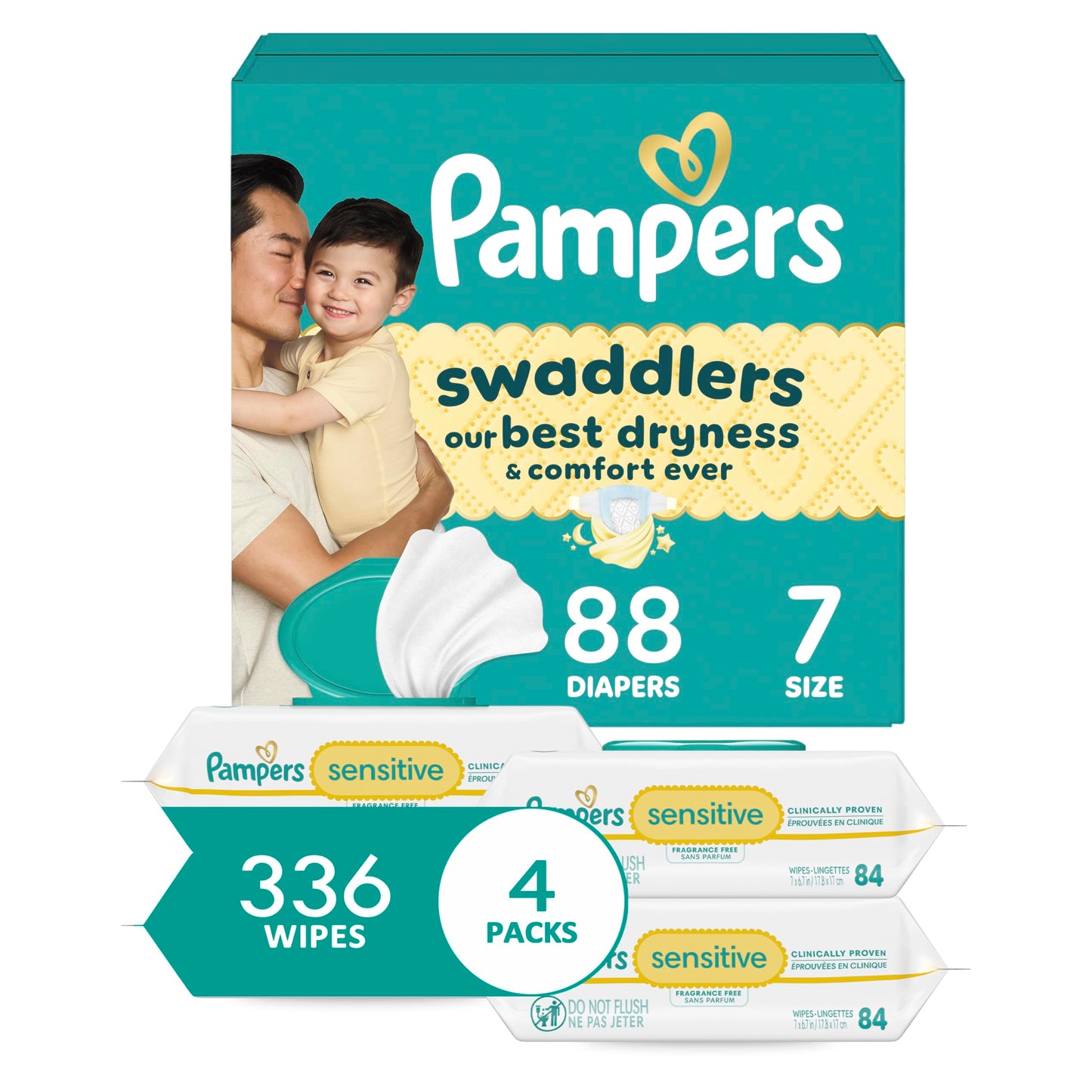 Pampers Swaddlers Disposable Baby Diapers Size 1, One Month Supply (198 Count) with Sensitive Water Based Baby Wipes 6X Pop-Top Packs (336 Count)