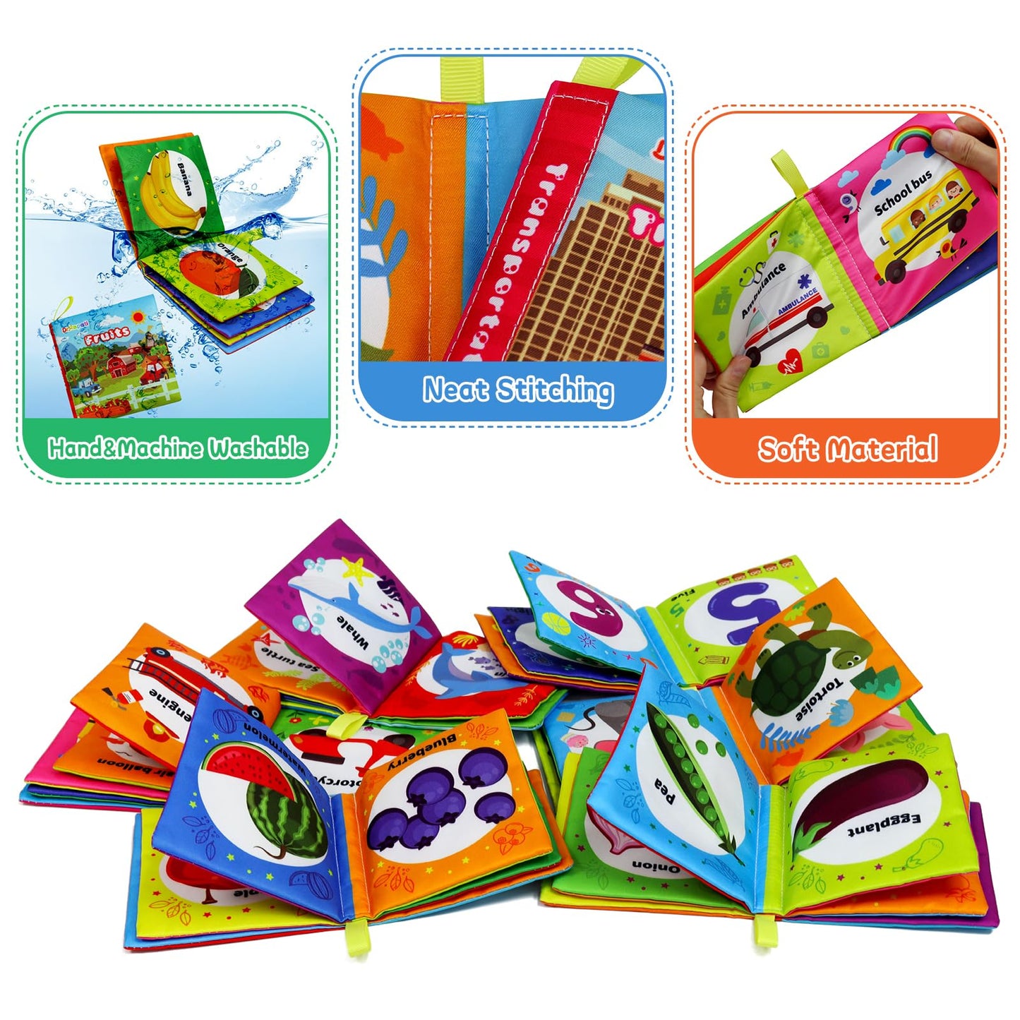 Dr.Rapeti Stoffbücher Babybücher Badebücher 6er-Pack für Babys Kleinkinder Kinder Raschelnd Quietschend Waschbar Beißfest Ungiftig Frühpädagogisch Geschenkbar