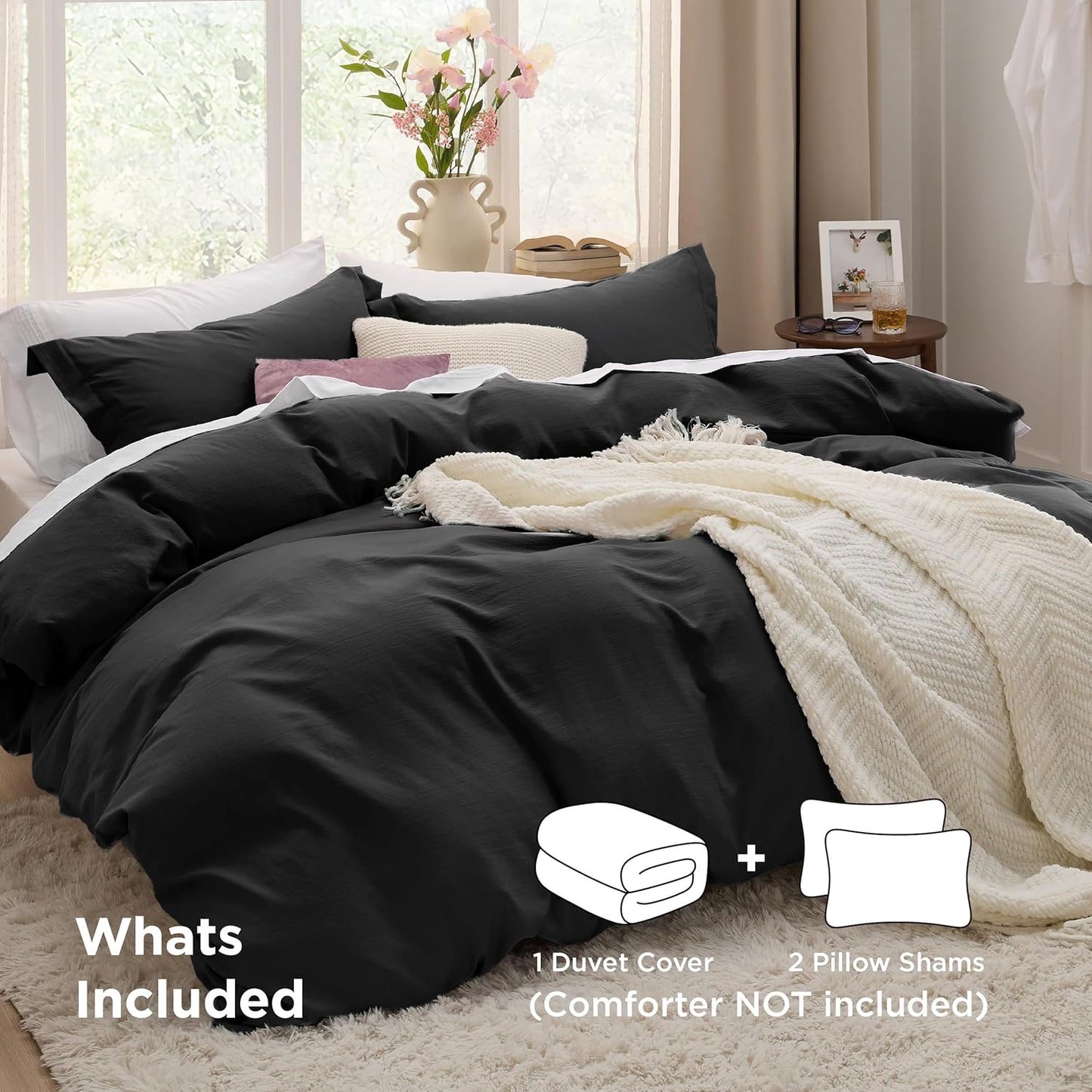 Funda nórdica blanca Bedsure, tamaño Queen, 3 piezas, aspecto de algodón prelavado, juego de cama extrasuave, incluye 1 funda nórdica de 228 x 228 cm con cierre de cremallera y 2 fundas de almohada, edredón no incluido