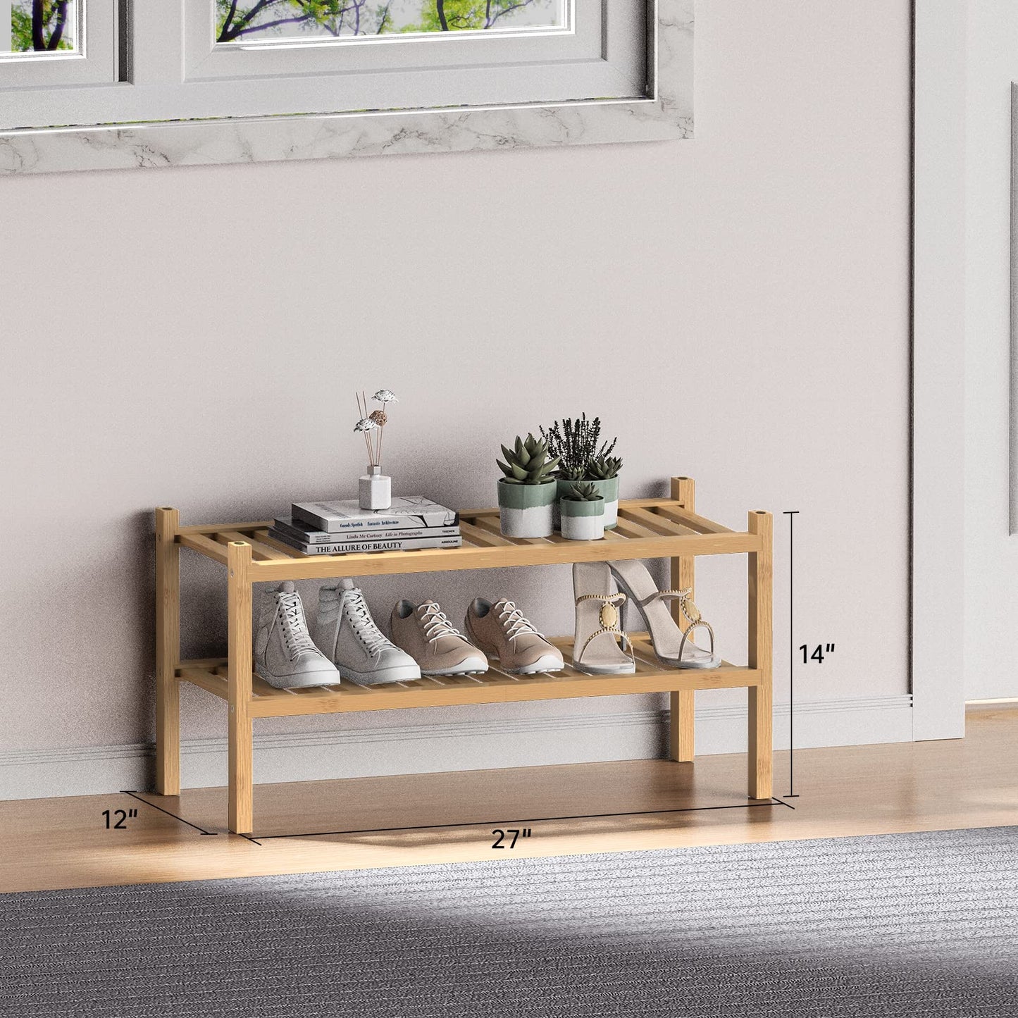ROMGUAR CRAFT 3 Tier Bamboo Shoe Rack for Closet Free Standing Wood Shoe Shelf Storage Organizer for Entryway Small Space Stackable 27"x11"x20" (Natural)