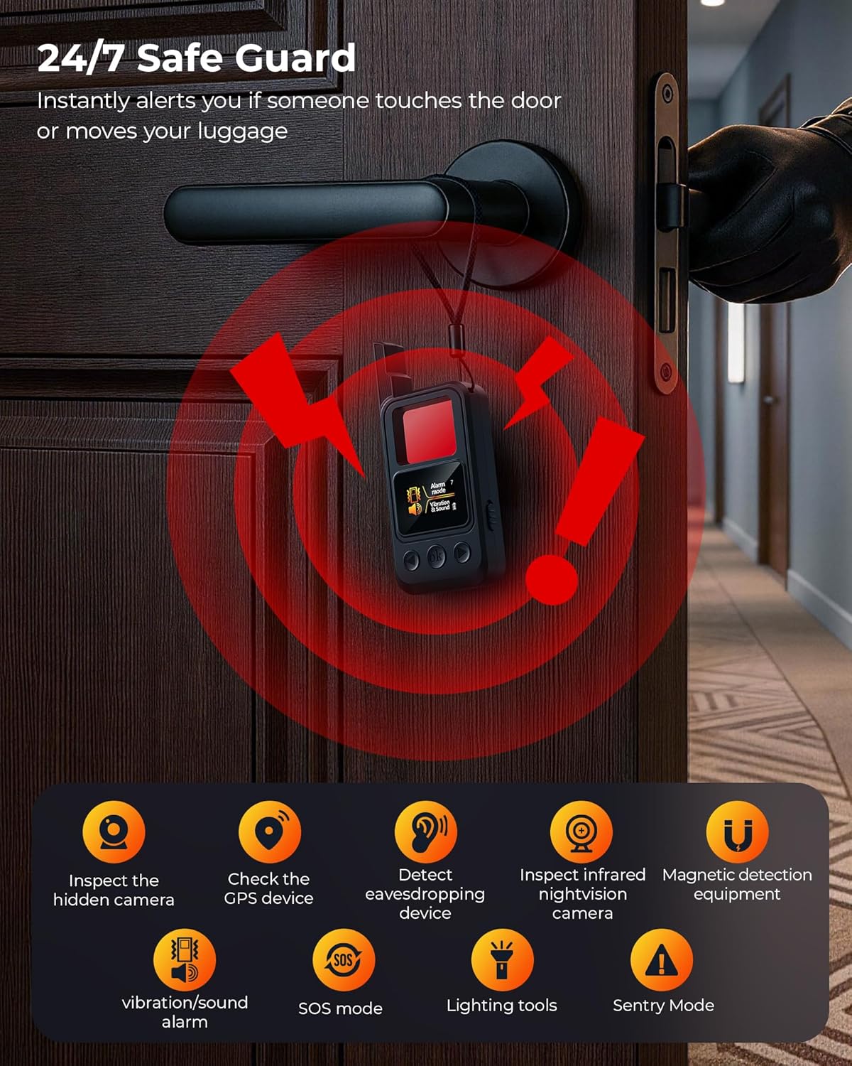 Hidden Camera Detectors, Anti-Spy Wireless Signal Scanner with LED Screen, Protable GPS Tracker & Bug Detector, SOS & Lighting 8 Modes for Airbnb, Hotel, Bathroom, Office, Car Travel Security