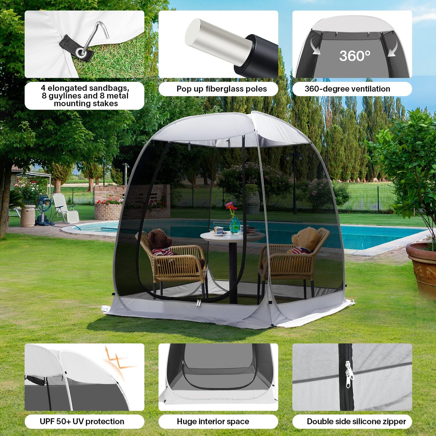 Alvantor Pop Up Screen House Tent, Instant Outdoor Gazebo with Mosquito Netting & UPF 50+ Sun Protection, Portable Canopy Shelter for Patio, Backyard, Camping (2-10 Person)
