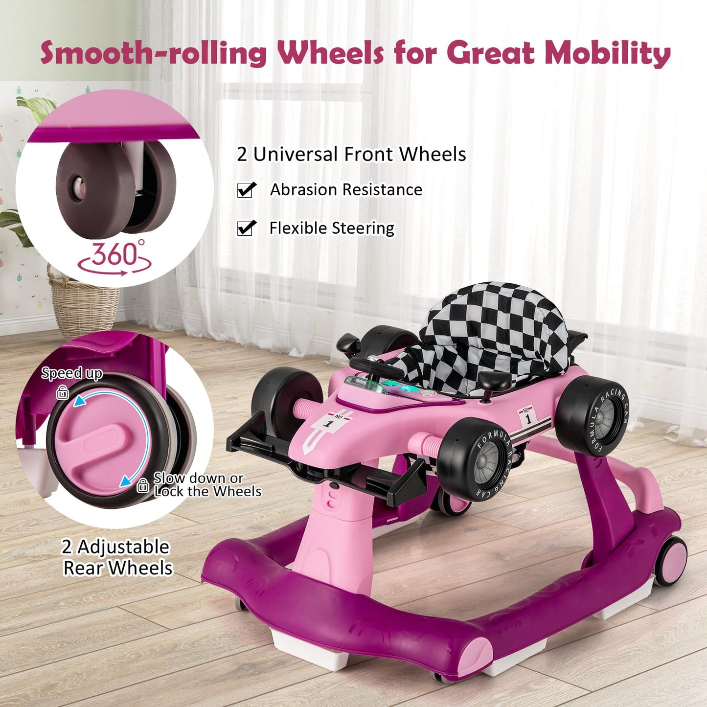 HONEY JOY 4-in-1 Baby Walker, Activity Push Walker w/3 Adjustable Heights, Smooth Wheels w/Adjustable Speed, Padded Seat, Music & Light, Foldable Car Walker for Baby Boys Girls Age 6 Months+ (Blue)