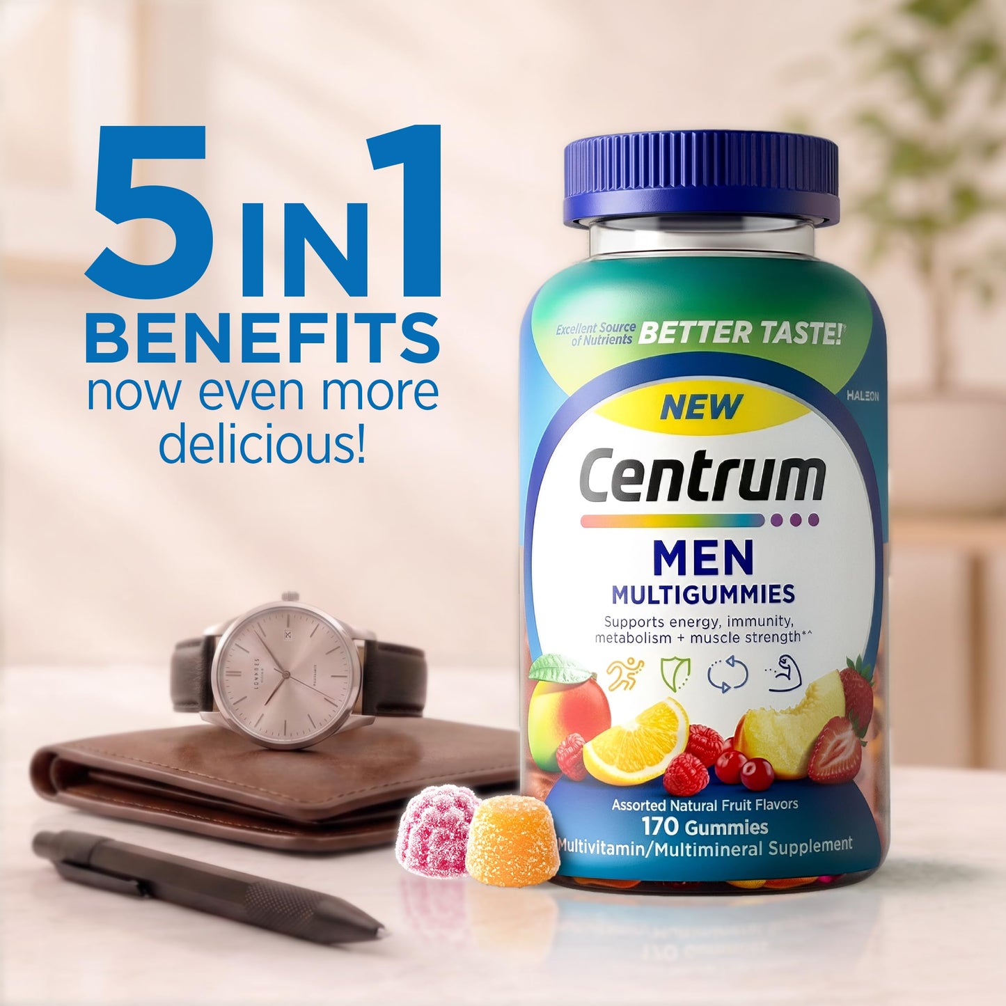 Centrum MultiGummies Gummy Multivitamin for Men, Multivitamin/Multimineral Supplement with Selenium, Antioxidants and Vitamin D3, Assorted Fruit Flavor - 170 Count (Pack of 12)