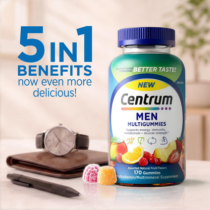 Centrum MultiGummies Gummy Multivitamin for Men, Multivitamin/Multimineral Supplement with Selenium, Antioxidants and Vitamin D3, Assorted Fruit Flavor - 170 Count (Pack of 12)