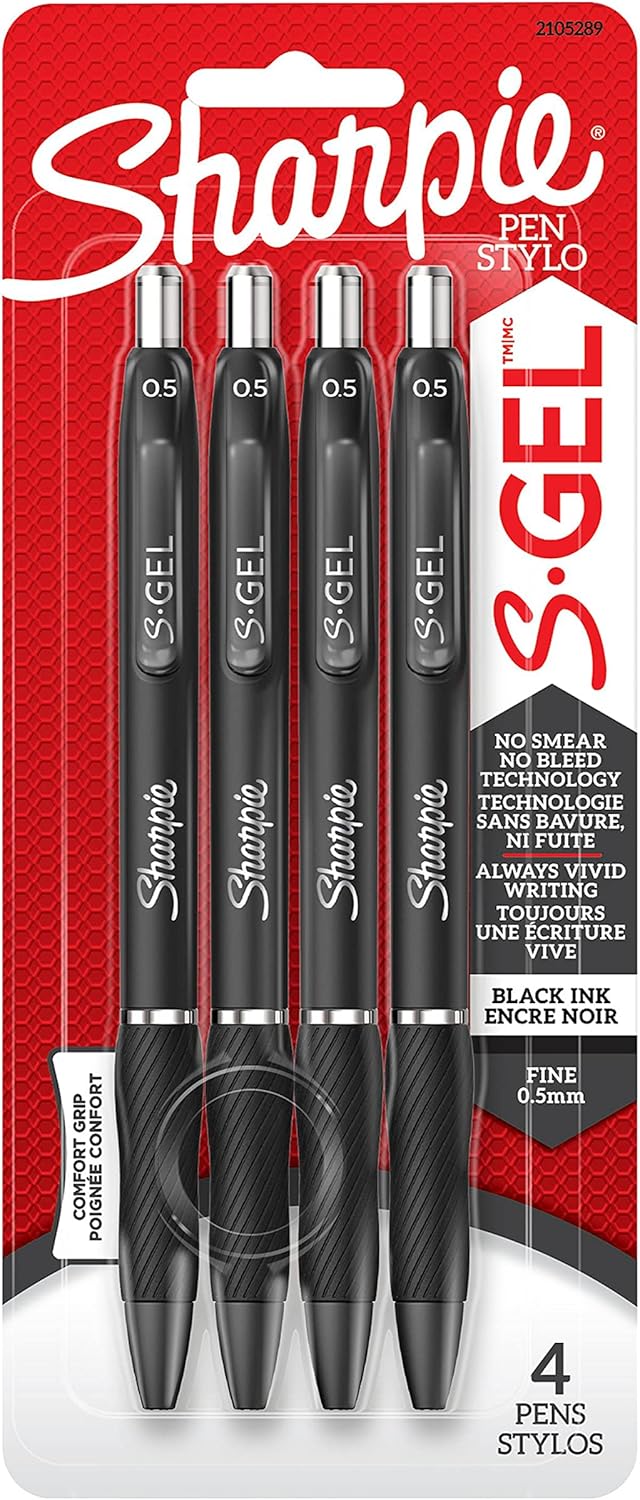 Sharpie S-Gel, Gel Pens, Fine Point (0.5 mm), Black Ink Gel Pen, 4 Count