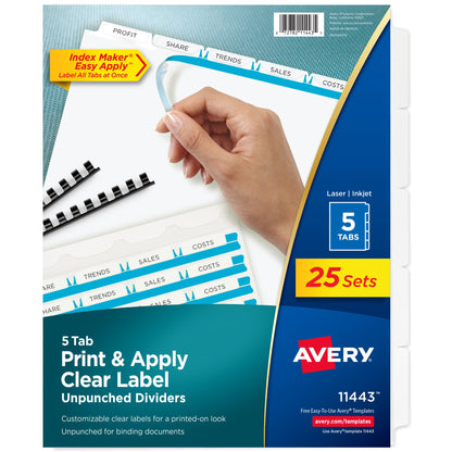 Avery 8 Tab Unpunched Dividers for Use with Any Binding System, Easy Print & Apply Clear Label Strip, Index Maker Customizable White Tabs, 150 Sets Total (6 Packs of 11444)