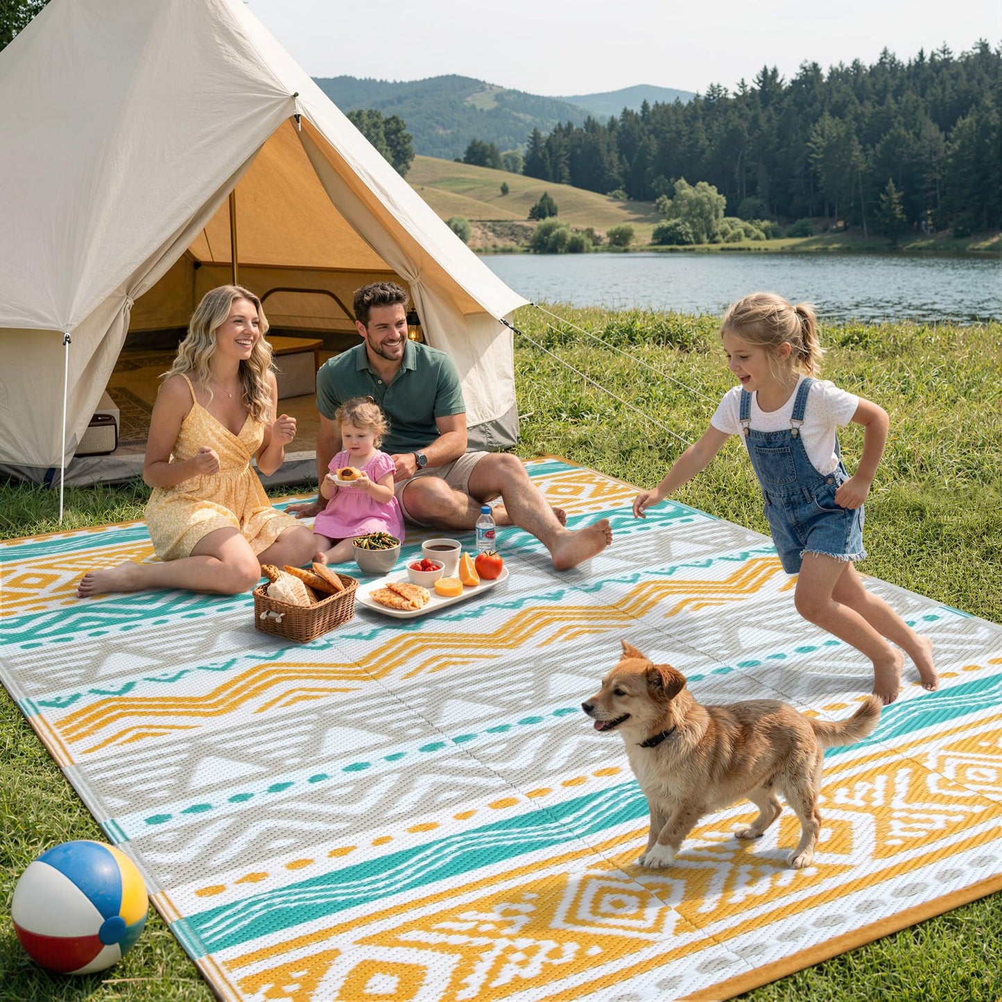 Lahome Outdoor Rugs 8x10 Waterproof, Reversible Outdoor Plastic Straw Rug for Camping Patio, RV Outdoor Rugs Outside, Outdoor Carpet for Porch Deck Backyard Picnic(Blue/Yellow,8'x 10')