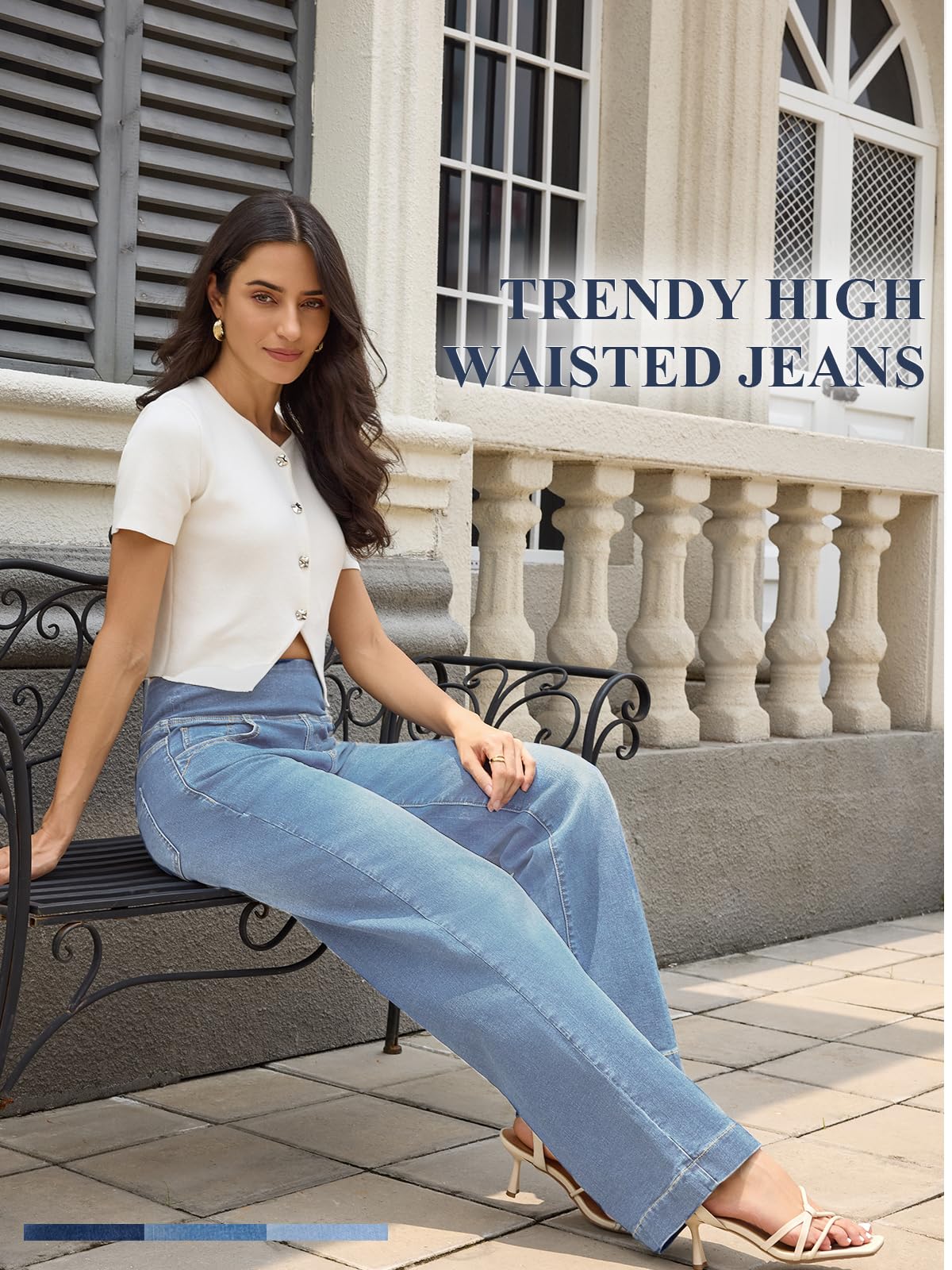 UCOOLYN Pull On Wide Leg Jeans für Damen, High Waisted Bauchkontrolle Stretchy Baggy Trendy Straight Denim Hose mit Taschen für die Arbeit Dunkelblau