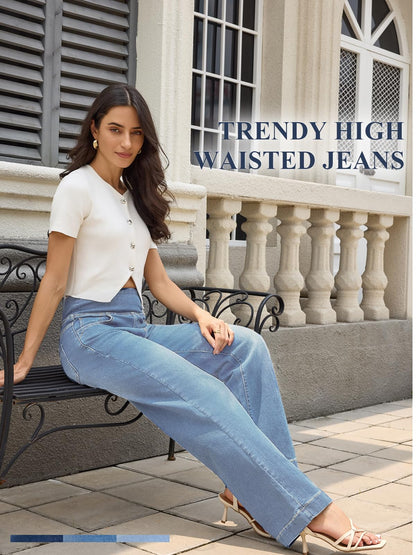 UCOOLYN Pull On Wide Leg Jeans für Damen, High Waisted Bauchkontrolle Stretchy Baggy Trendy Straight Denim Hose mit Taschen für die Arbeit Dunkelblau