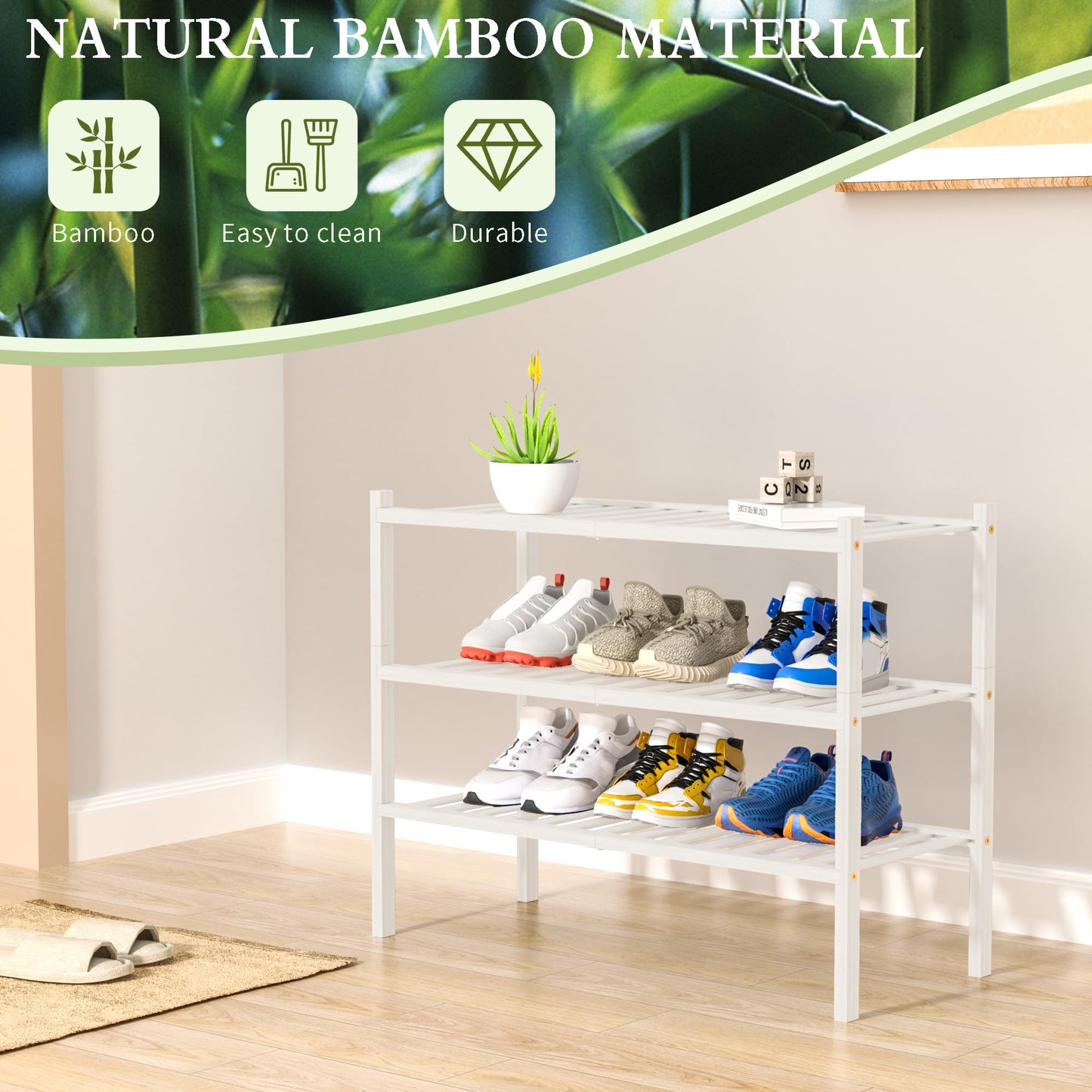 ROMGUAR CRAFT 3 Tier Bamboo Shoe Rack for Closet Free Standing Wood Shoe Shelf Storage Organizer for Entryway Small Space Stackable 27"x11"x20" (Natural)