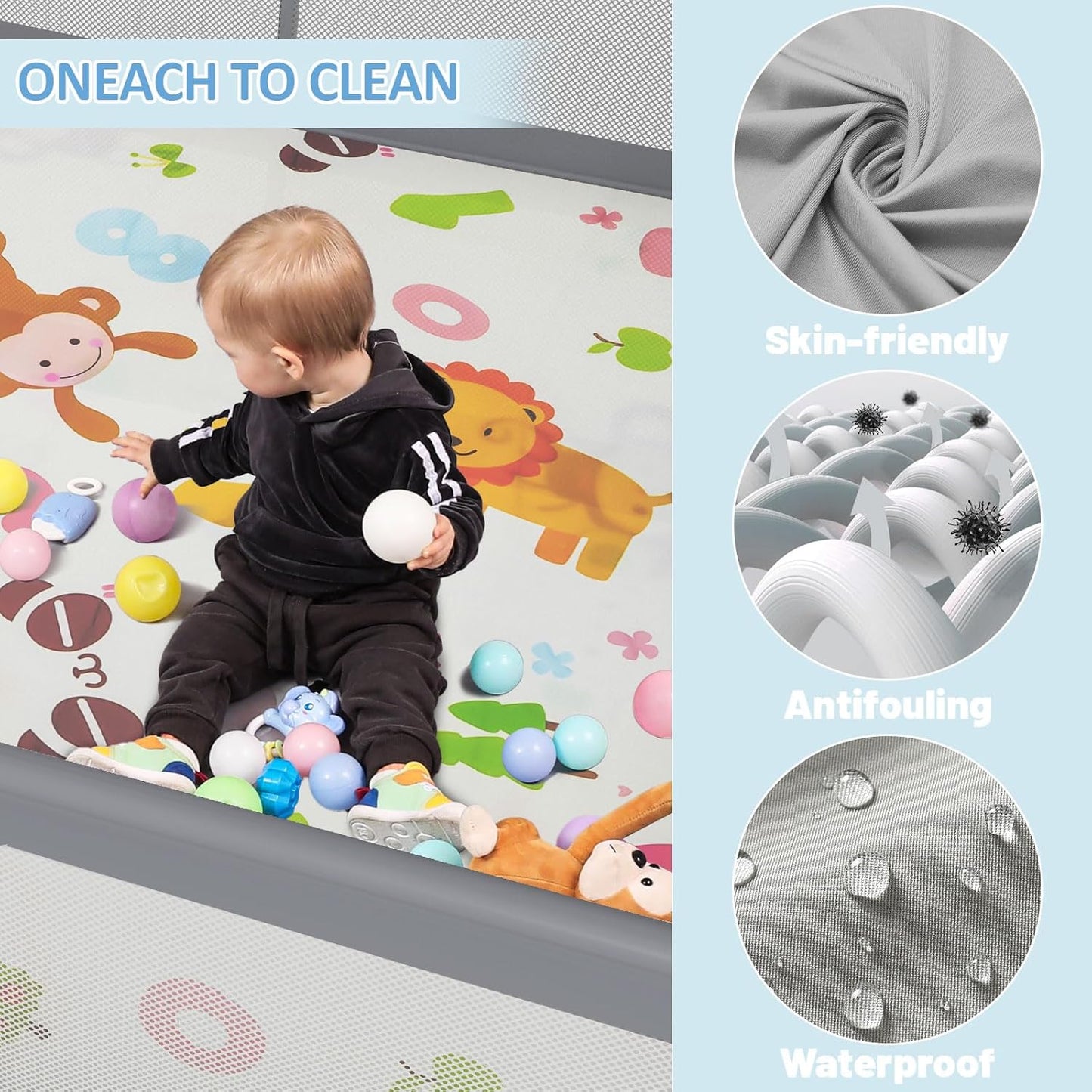 Palopalo Baby Laufgitter, 180x150cm Extra Großer Laufstall für Babys und Kleinkinder, Baby-Aktivitätszentrum mit 8 Saugnapfbasen, Baby-Laufstall mit Tür und weichem, atmungsaktivem Netz, Ohne Matte