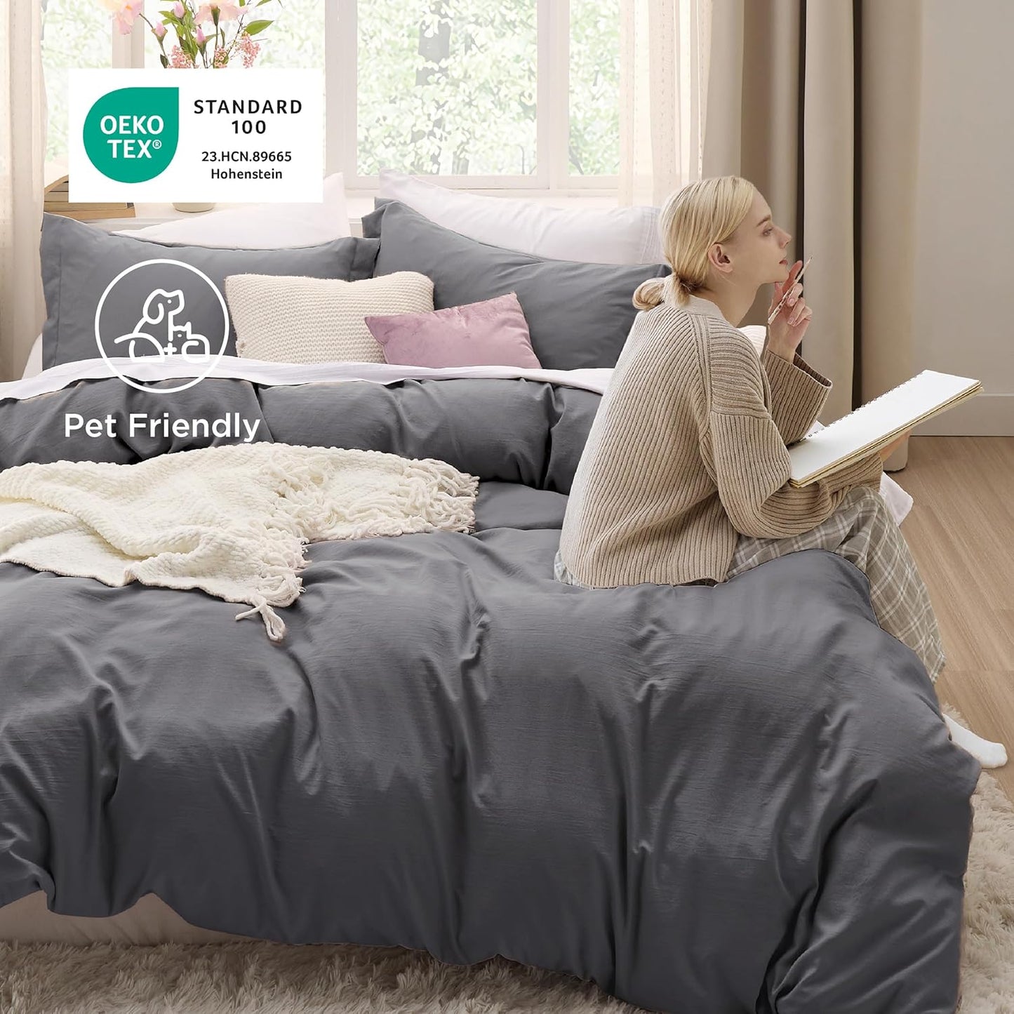 Funda nórdica blanca Bedsure, tamaño Queen, 3 piezas, aspecto de algodón prelavado, juego de cama extrasuave, incluye 1 funda nórdica de 228 x 228 cm con cierre de cremallera y 2 fundas de almohada, edredón no incluido