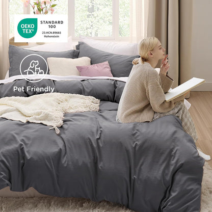 Funda nórdica blanca Bedsure, tamaño Queen, 3 piezas, aspecto de algodón prelavado, juego de cama extrasuave, incluye 1 funda nórdica de 228 x 228 cm con cierre de cremallera y 2 fundas de almohada, edredón no incluido