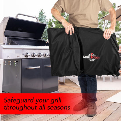 GrillTough Heavy Duty Grillabdeckung für Außengrill, 147 cm – wasserdicht, wetterbeständig, UV- & lichtbeständig mit Befestigungsriemen – Gasgrill Abdeckung für Weber, Genesis, Charbroil etc. Schwarz