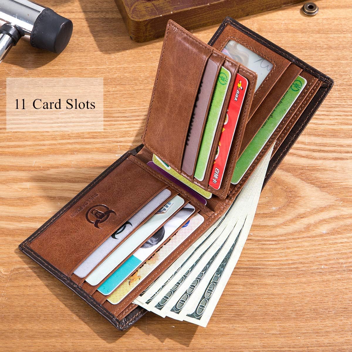 BULLCAPTAIN RFID Wallets for Men Slim Bifold Genuine Leather Front Pocket Wallet with 2 ID Windows QB-05, Brown, Small, Retro