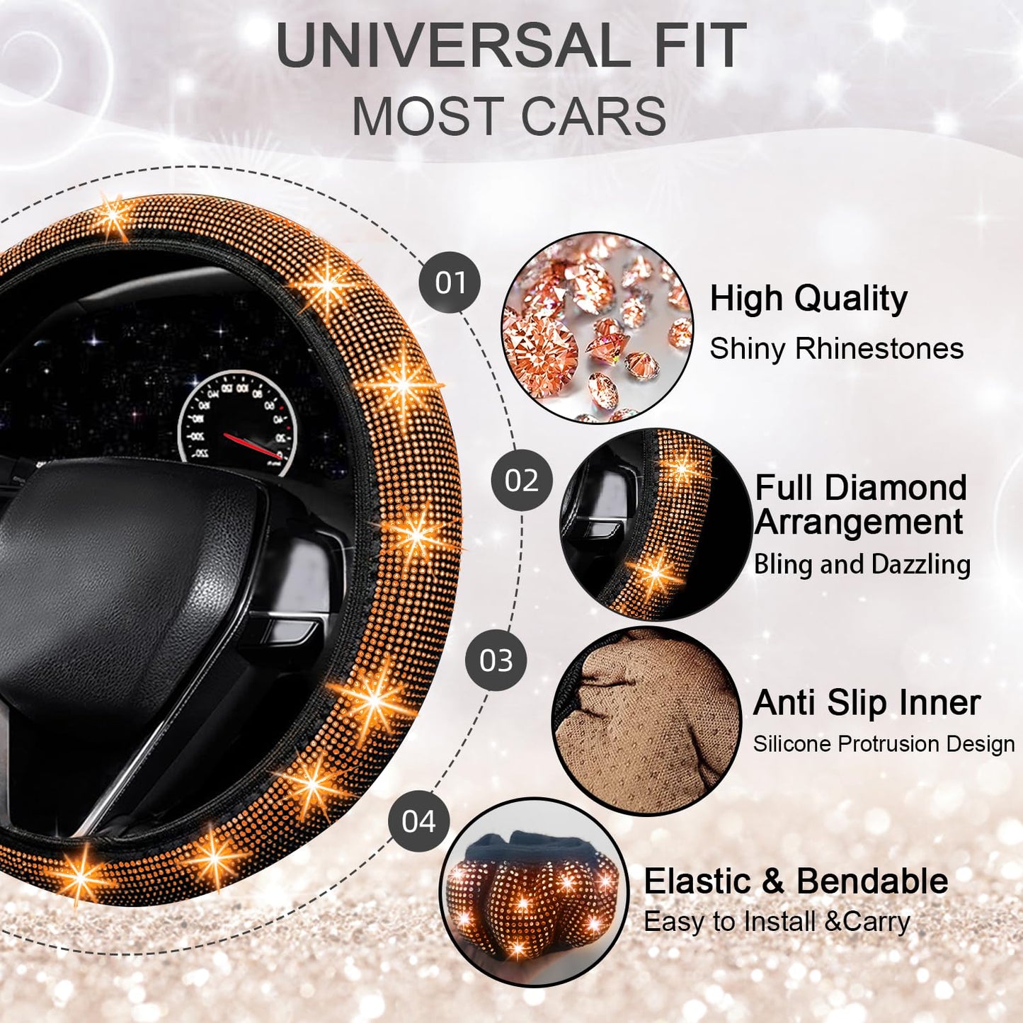 NBTEPEM 27-Piece Bling Car Accessories Set - Universal Fit Steering Wheel Covers, License Plate Frames, Phone Holder, Car Fast Charger, Coasters (Pink)