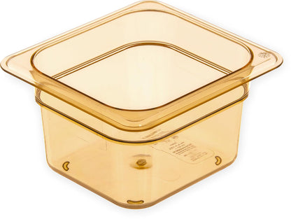 Carlisle FoodService Products StorPlus High-Heat 1/6-Size Food Pan, 4 Deep Food Storage Container with 1.7 Quart Capacity, High Heat Plastic, 1/6 Size, Amber, (Pack of 6)