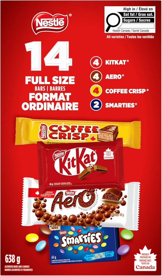 NESTLE Assorted Full Size Bars & Candies, KITKAT, AERO, COFFEE CRISP & SMARTIES, Individually Wrapped, Prepared in Canada, 638 g