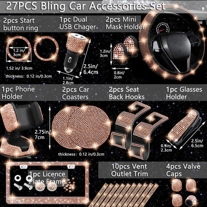 NBTEPEM 27-Piece Bling Car Accessories Set - Universal Fit Steering Wheel Covers, License Plate Frames, Phone Holder, Car Fast Charger, Coasters (Pink)