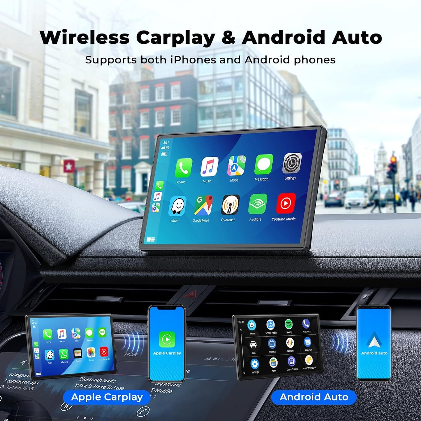 Volam 9'' Apple CarPlay Bildschirm für Auto, Kompatibel mit Apple CarPlay & Android Auto, Tragbarer CarPlay Bildschirm mit Rückfahrkamera, Mirror Link, Bluetooth, GPS Navigation, Sprachassistent