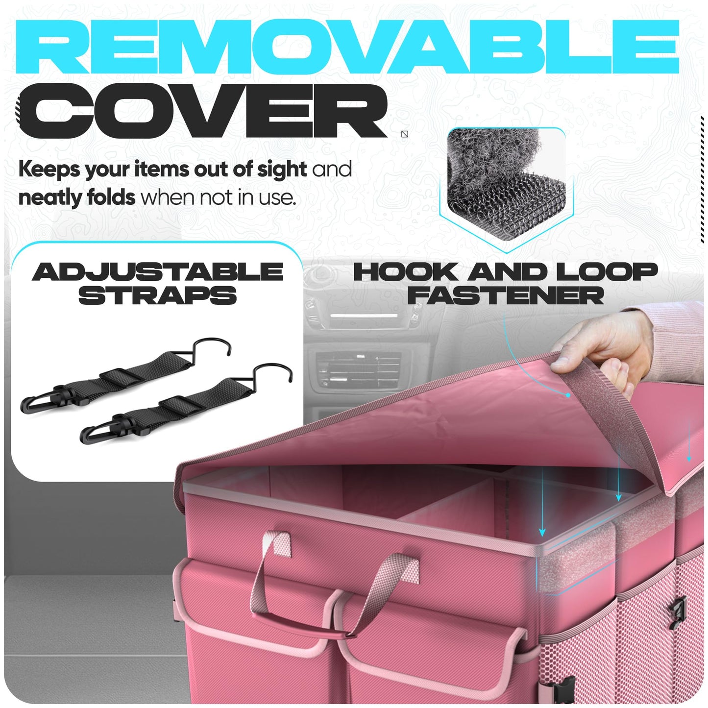 FORTEM Car Trunk Organizer, Collapsible Multi Compartment Car Organizer, Foldable SUV Storage for Car Accessories for Women Men, Non Slip Bottom, Securing Straps, Soft Cover 50L (Black, Standard)