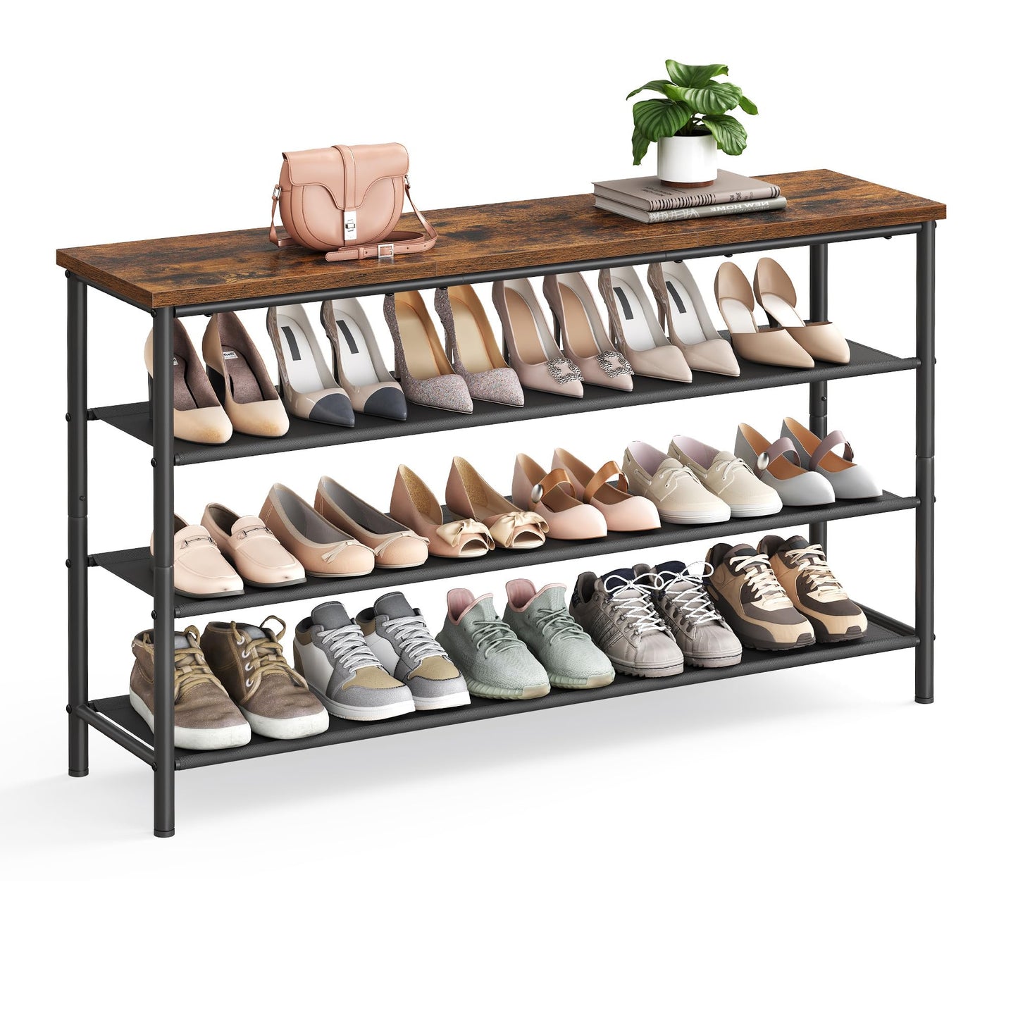 VASAGLE Shoe Rack, 4-Tier Shoe Storage Organizer for Entryway and Closet, Holds 9-12 Pairs of Shoes, 3 Fabric Shelves, Steel Frame, Industrial, Rustic Brown and Black ULBS035B01
