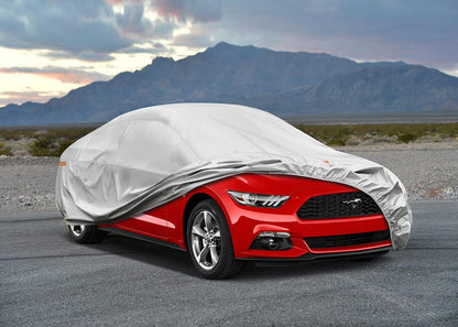 Kayme 6 Lagen Autoabdeckung, maßgeschneidert für Ford Mustang/Shelby (1964-2025), wasserdicht, für jedes Wetter, für Automobile, Outdoor, Vollschutz vor Regen, Sonne, UV-Strahlung. Silber