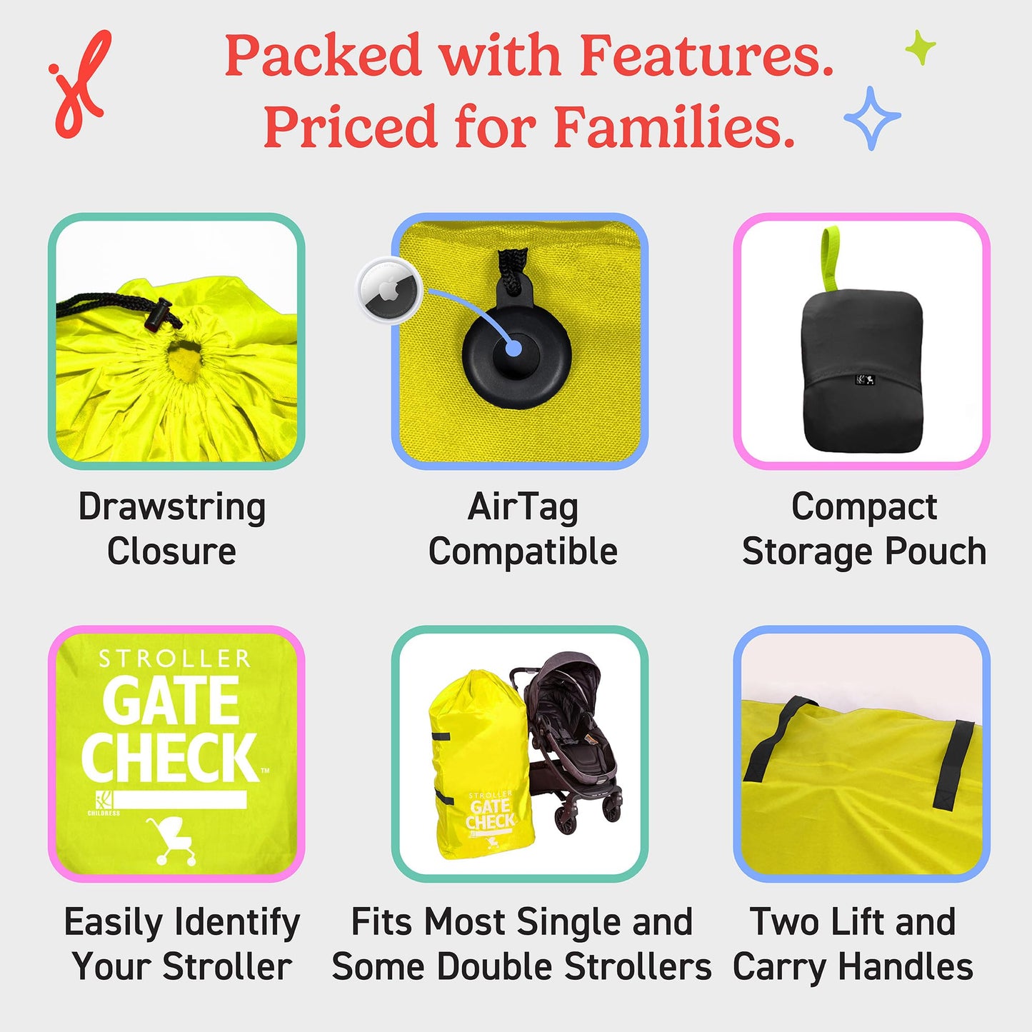 J.L. Childress Gate Check Bag for Single & Some Double Strollers - Travel Bag for Airplane, Fits Most Standard Baby Strollers, Airport Accessories Gate Check, Flying Essentials - Neon Blue