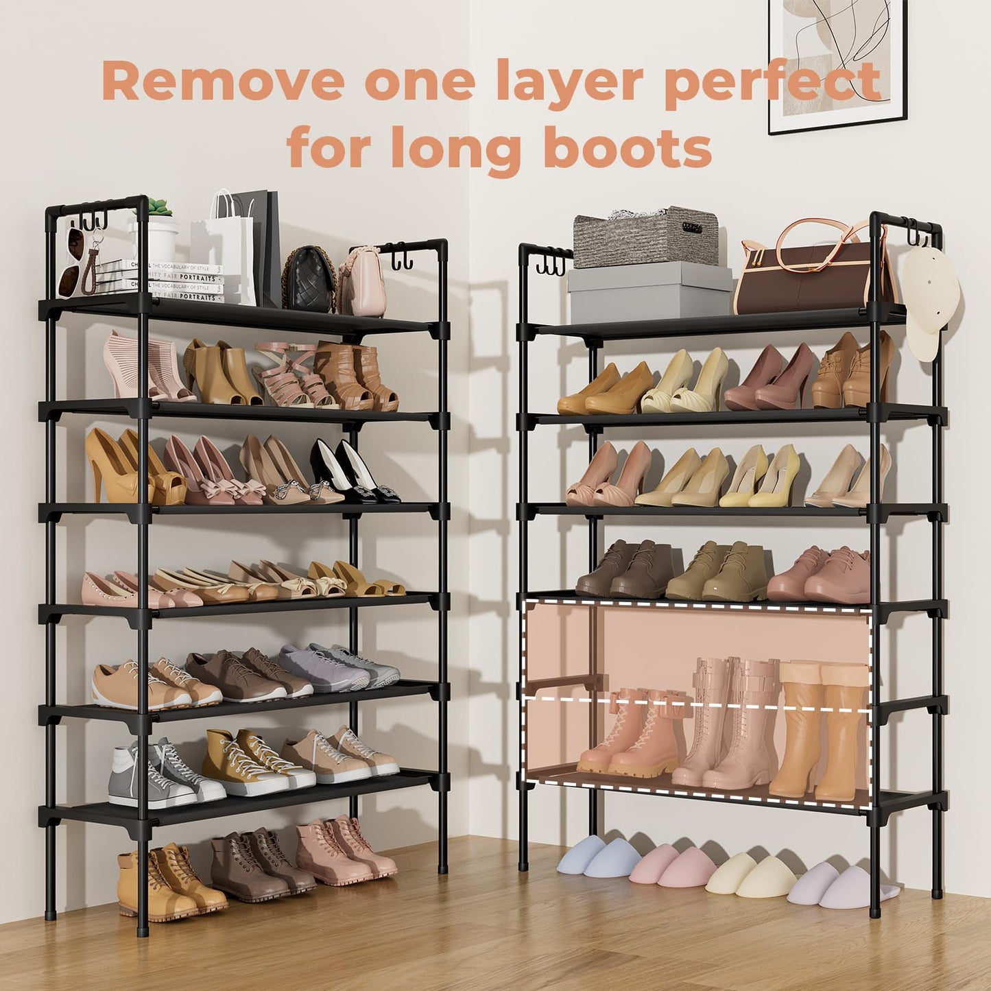 LANTEFUL 3 Tier Shoe Rack for Closet, Shoe Organizer with 5 Hooks, Long Shoe Shelf Storage for Sneaker and Boot Stackable Free Standing Shoe Rack for Entryway, Garage, Small Spaces, Dorm