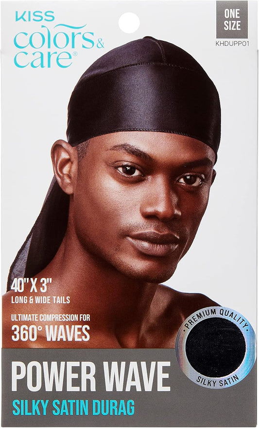 KISS COLORS & CARE Power Wave Silky Satin Durag - Black, Maximum Wave formation, Ultra-Compression, Breathable Premium Fabric, One Size Fits All, Durable & Versatile For All Hair Types